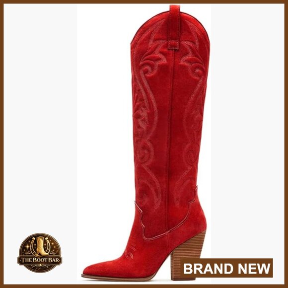 Shoes - Knee High Cowboy Boots Pointed Toe Chunky Heels Pull-on Embroidered Western